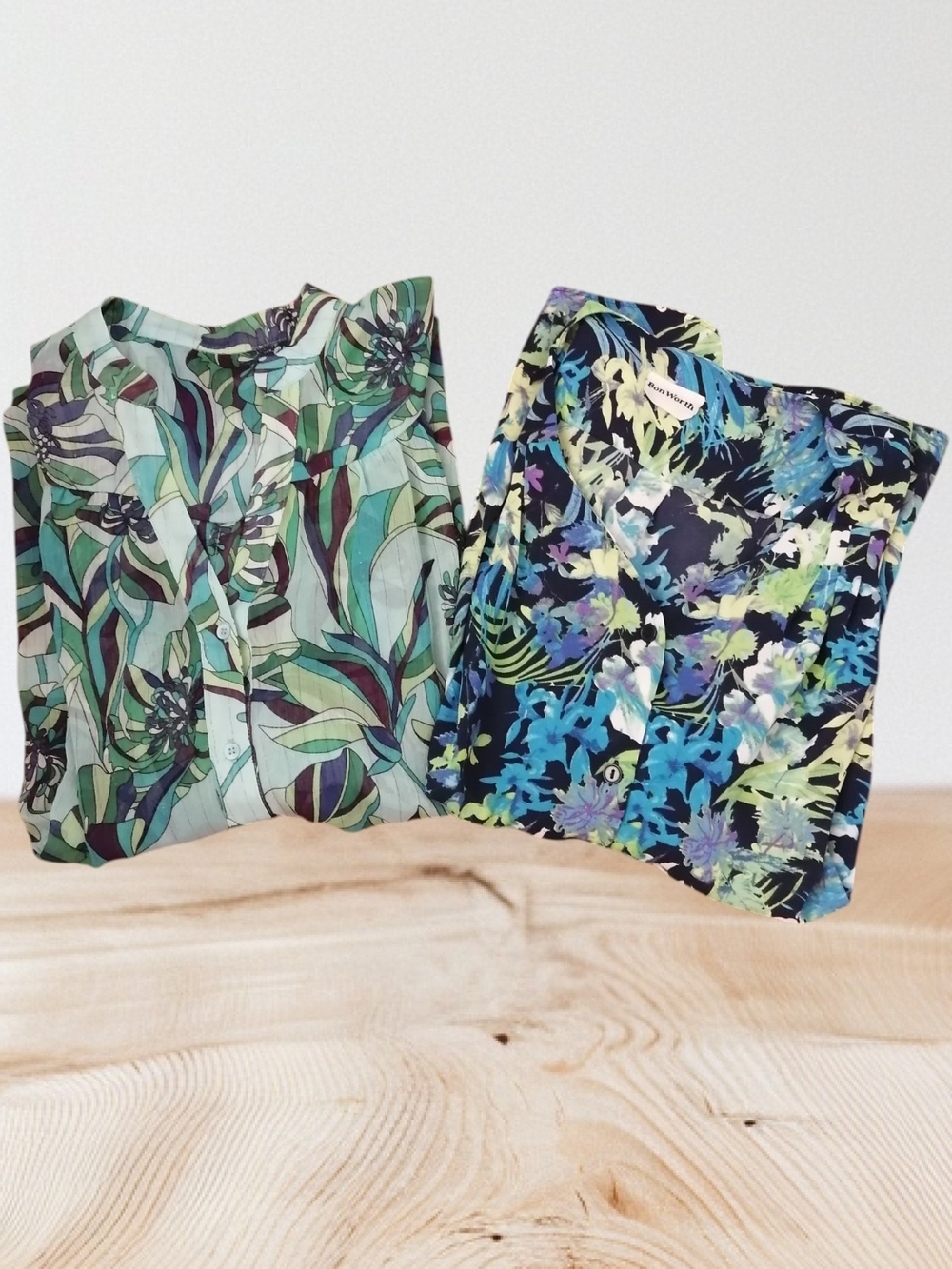 2 Floral & Leaf Printed Blouses - Green and Navy for 18$